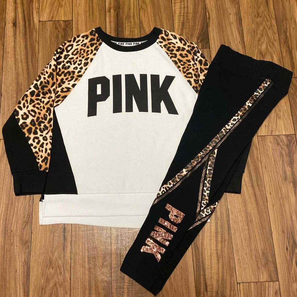 PINK VS COLOR BLOCK LEOPARD CAMPUS CREW PULLOVER W/ BLING LEOPARD YOGA LEGGINGS - Picture 2 of 10